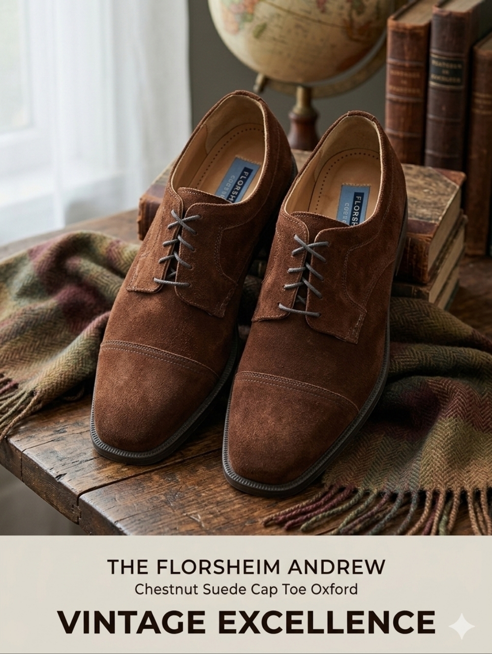 Florsheim Andrew Suede Cap Toe Oxford Shoes - Chestnut Brown - Men's Size 10 D